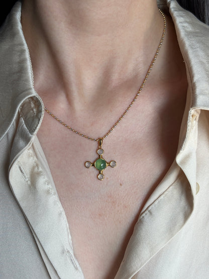 #P0551 "Blossom Cross" Highly Icy Sun Green & White Cabochon Jadeite Jade 18K Yellow Gold Pendant
