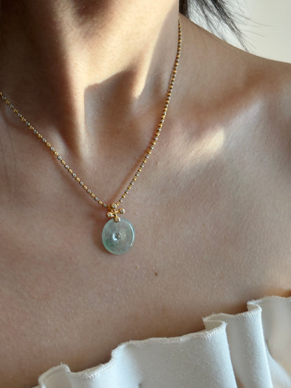 #P0571 "Blossom Bi" Highly Icy White Sun Green Jadeite Jade Donut 18K Yellow Gold Pendant