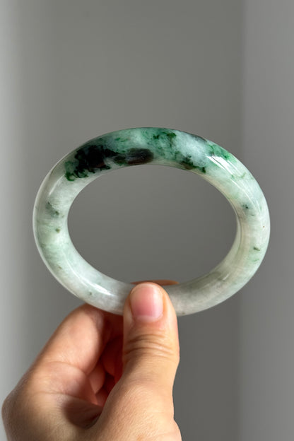 #0367 Icy Rich Green Flower White Jade Bangle Size 57.1 (fits up to 58)
