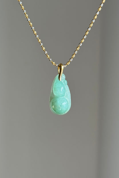 #P0516 "Hulu/Gourd" Icy Lotus Green Flower Jadeite Jade 18K Yellow Gold Pendant