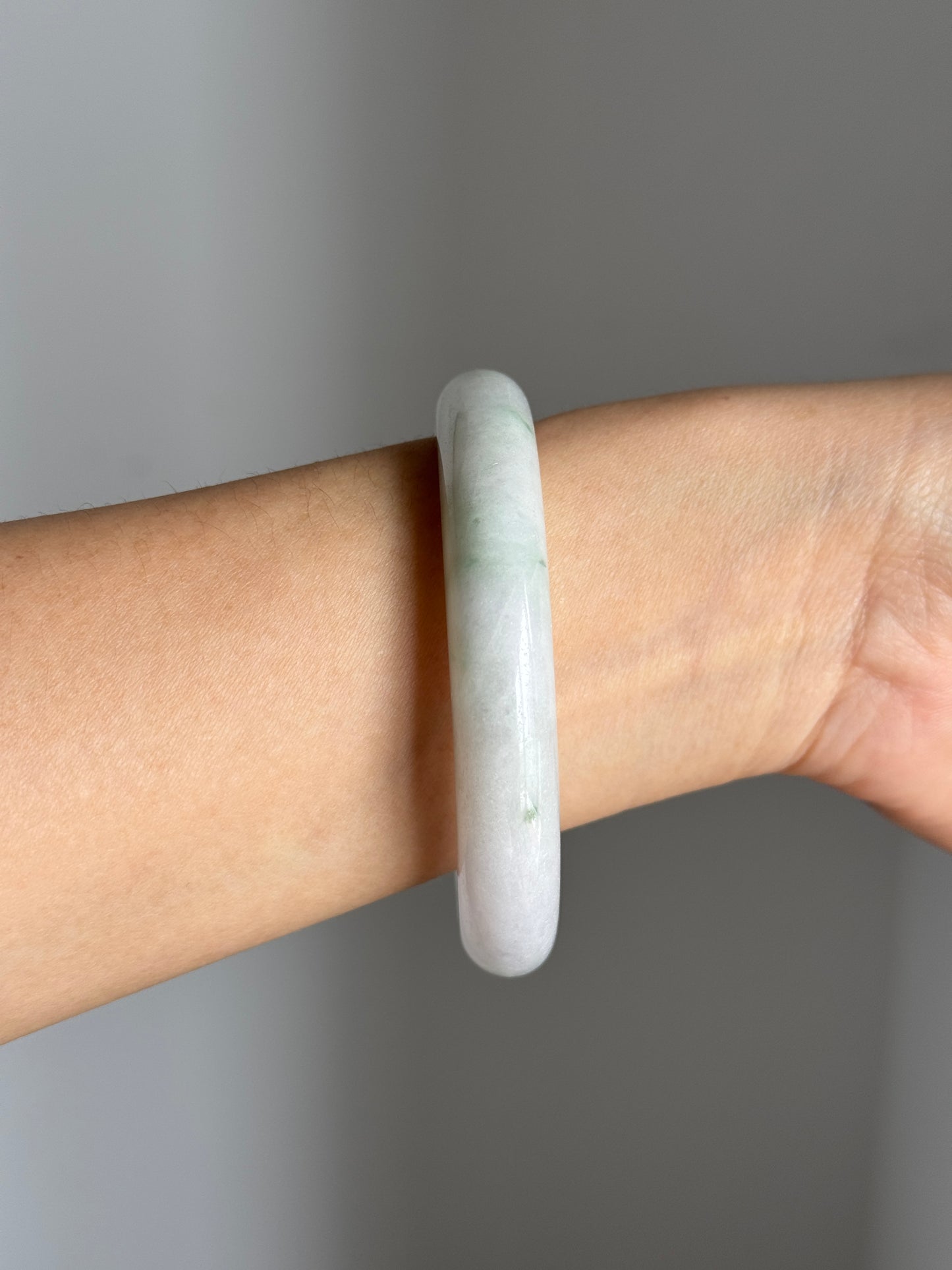 #0366 Light Green Flower White Jade Bangle Size 59.1