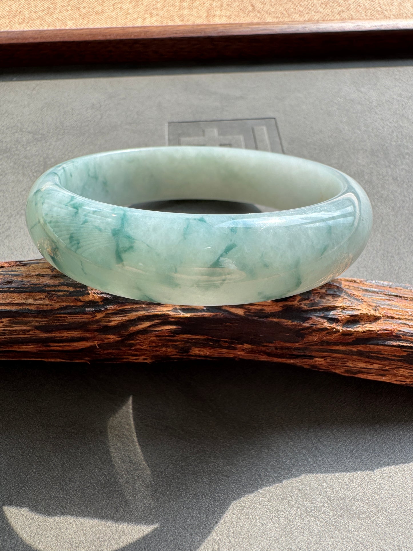 #0399 Icy Bluish Green Flower Jade Bangle Size 60.6
