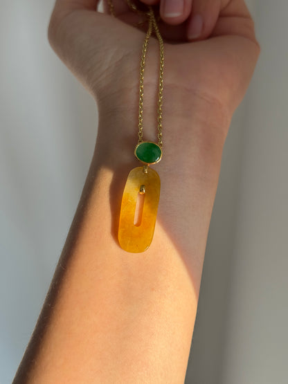 #P0538 "Retro Bi" Icy Golden Yellow Bi & Imperial Green Cabochon Jadeite Jade 18K Yellow Gold Pendant