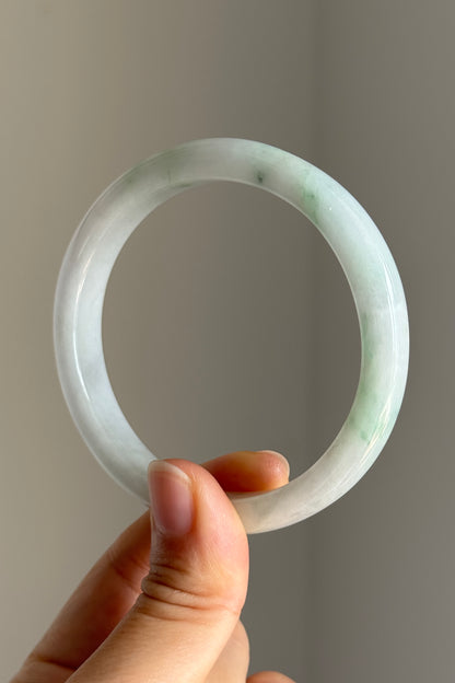 #0394 Green Flower White Jade Bangle Size 58