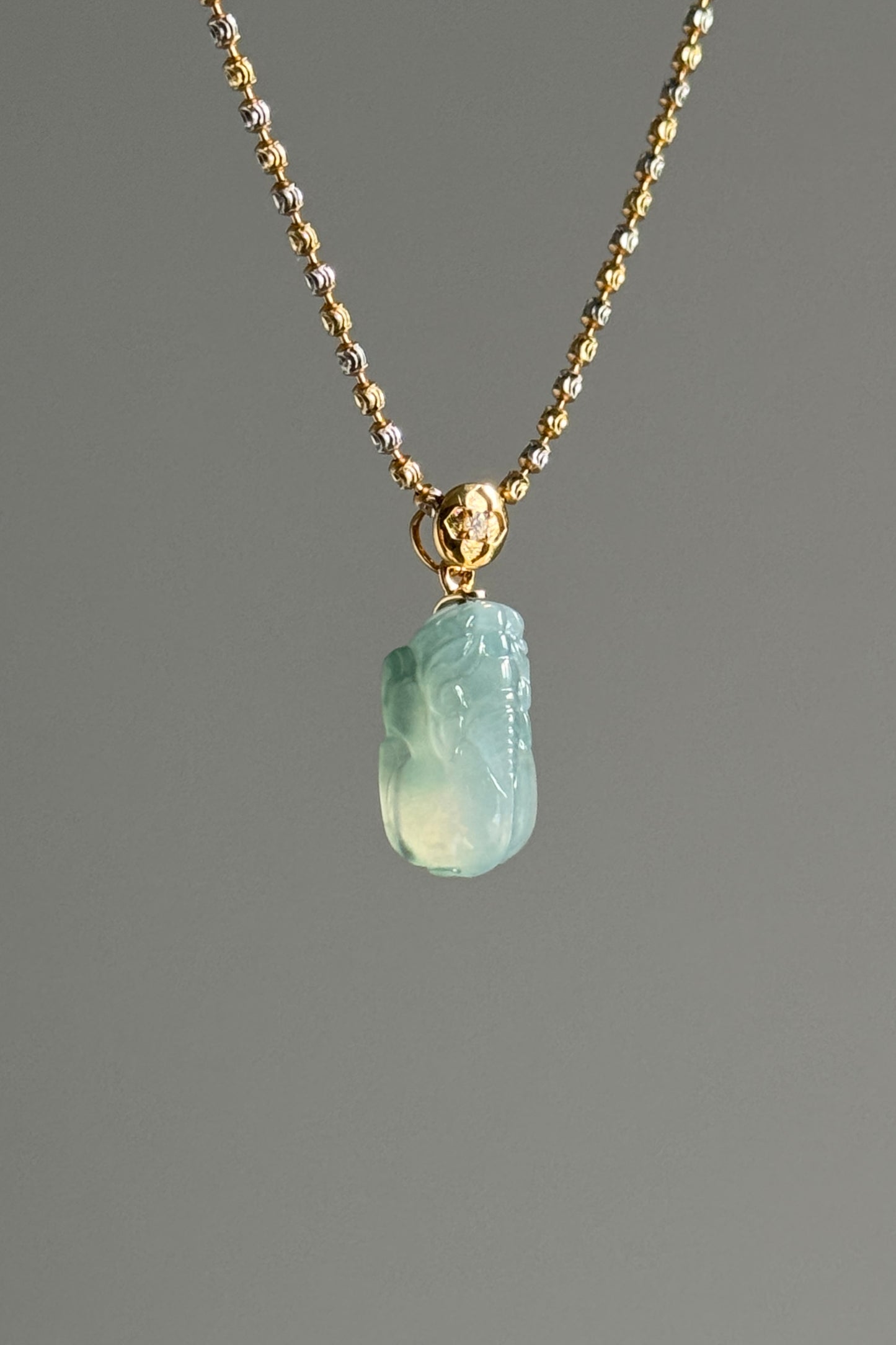 #P0496 "Pixiu" Icy Blue Green Jadeite Jade 18K Yellow Gold Pendant
