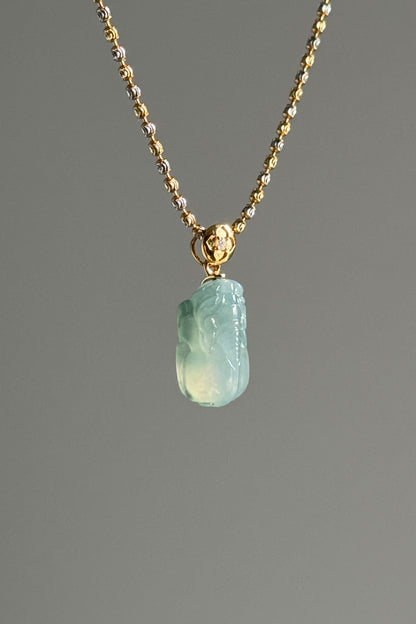 #P0496 "Pixiu" Icy Blue Green Jadeite Jade 18K Yellow Gold Pendant