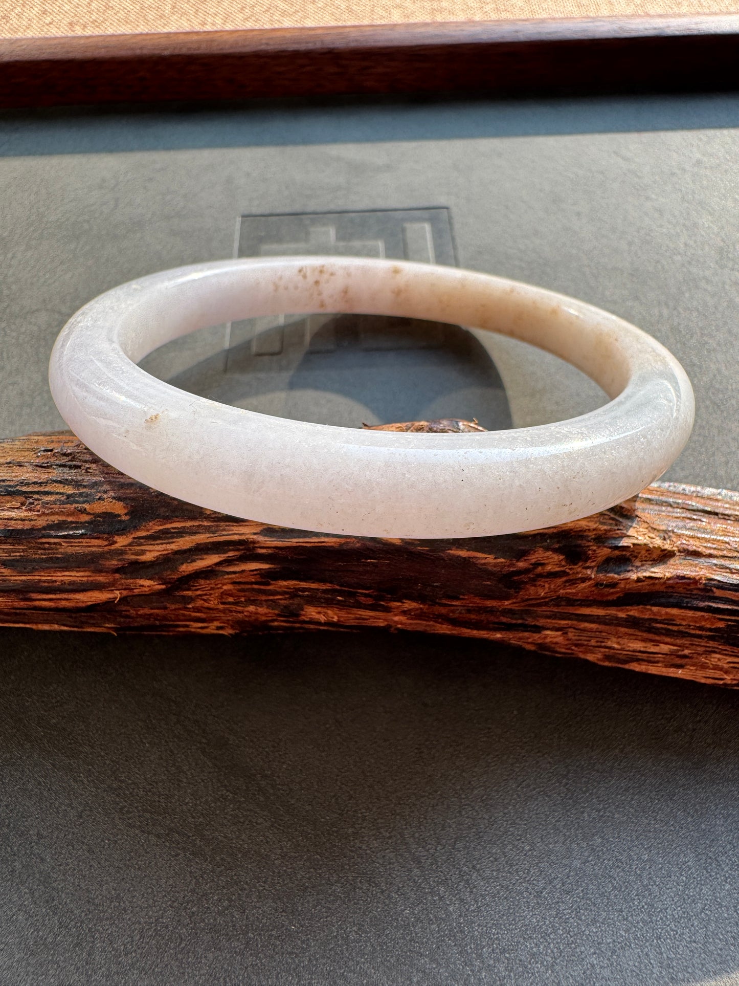 #0390 Icy White Light Lavender Golden Flecks Jade Bangle Size 60