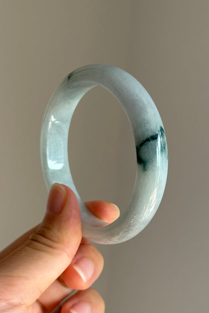 #0436 Icy Bluish Green Flower Jade Bangle Size 55