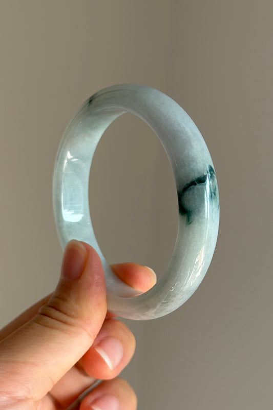 #0436 Icy Bluish Green Flower Jade Bangle Size 55