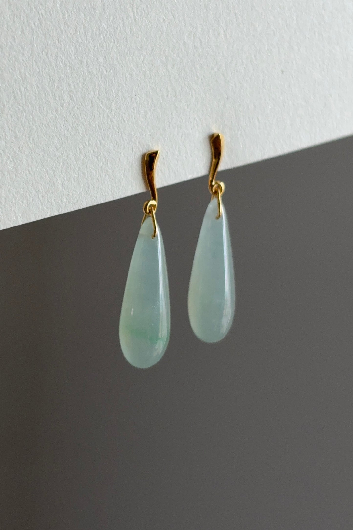 #E0304 "Water Drop" Icy Blue Green Jadeite Jade 18K Yellow Gold Earrings