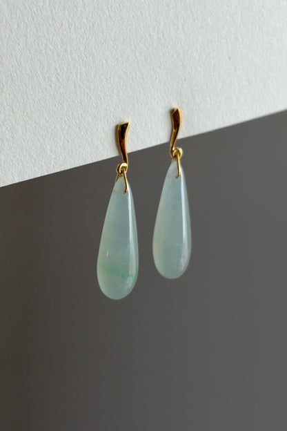 #E0304 "Water Drop" Icy Blue Green Jadeite Jade 18K Yellow Gold Earrings