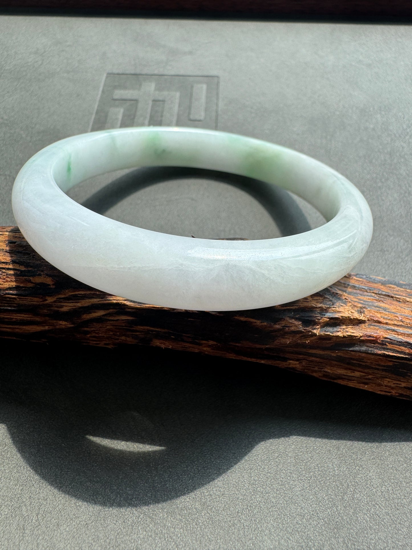 #0394 Green Flower White Jade Bangle Size 58