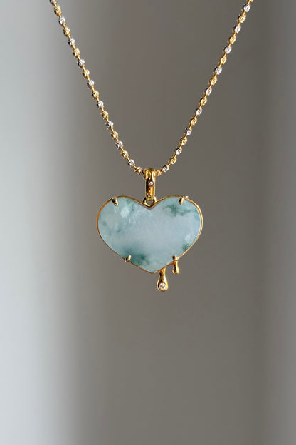 #P0470 "Melting Heart" Icy Lavender Green Flower Jadeite Jade 18K Yellow Gold Pendant