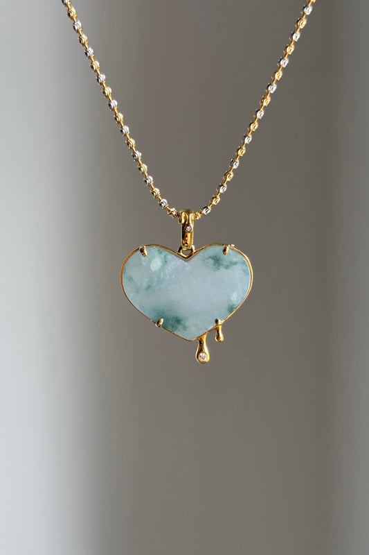 #P0470 "Melting Heart" Icy Lavender Green Flower Jadeite Jade 18K Yellow Gold Pendant