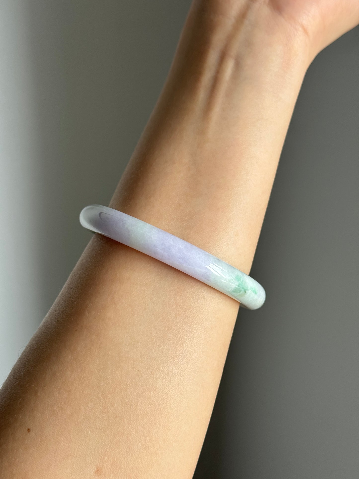 #0363 Pink Lavender Green Jade Bangle Size 54.3 (fits up to 56.3)