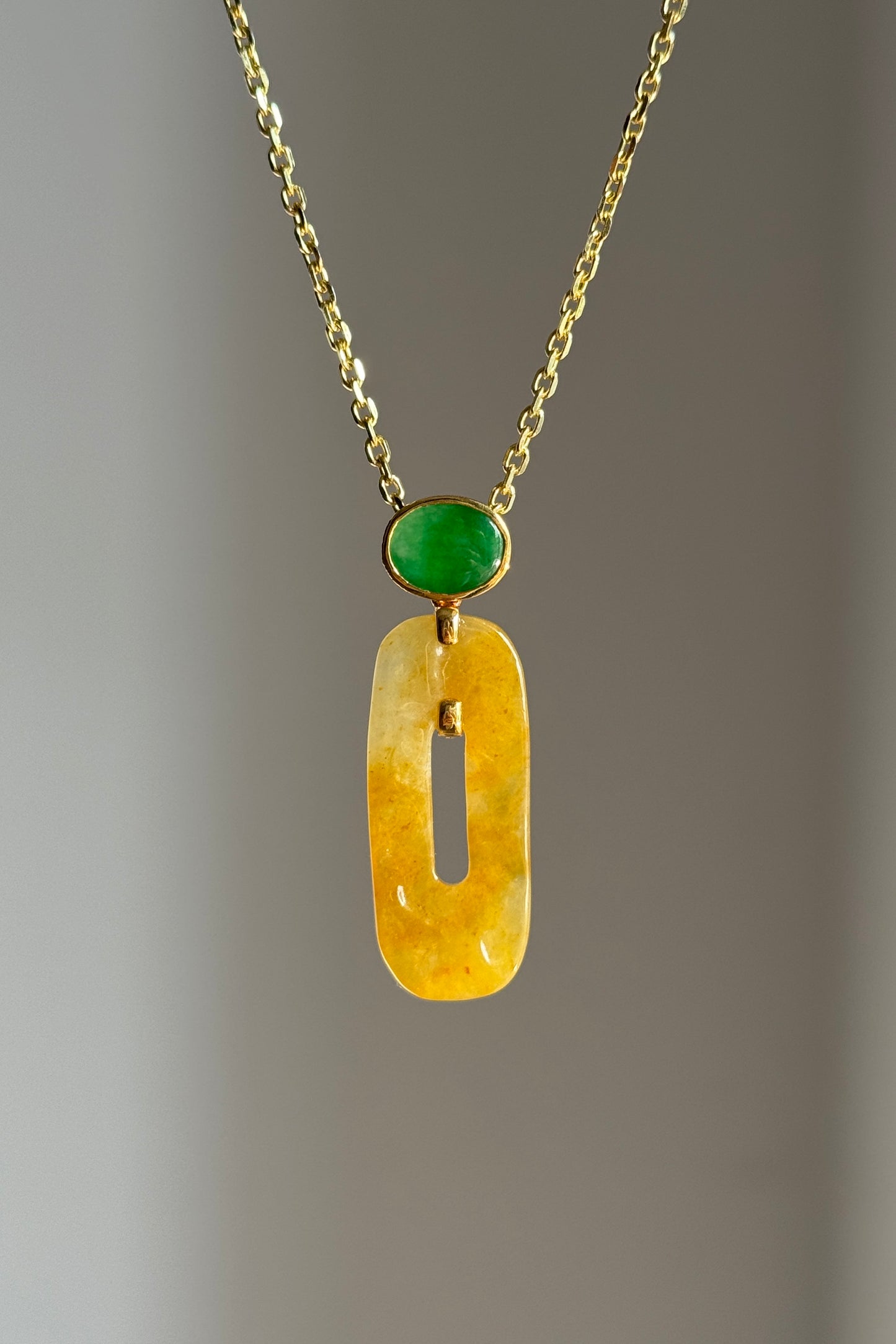 #P0538 "Retro Bi" Icy Golden Yellow Bi & Imperial Green Cabochon Jadeite Jade 18K Yellow Gold Pendant