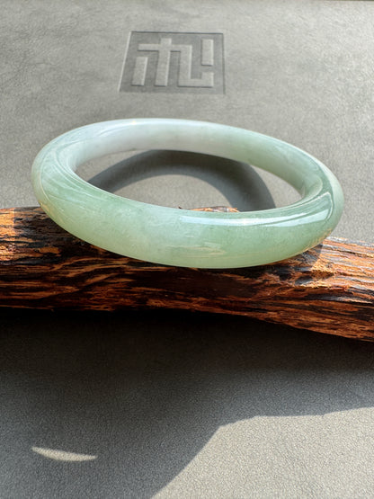 #0381 Icy Lotus Green White Jade Bangle Size 54.7 (fits up to 56.7)