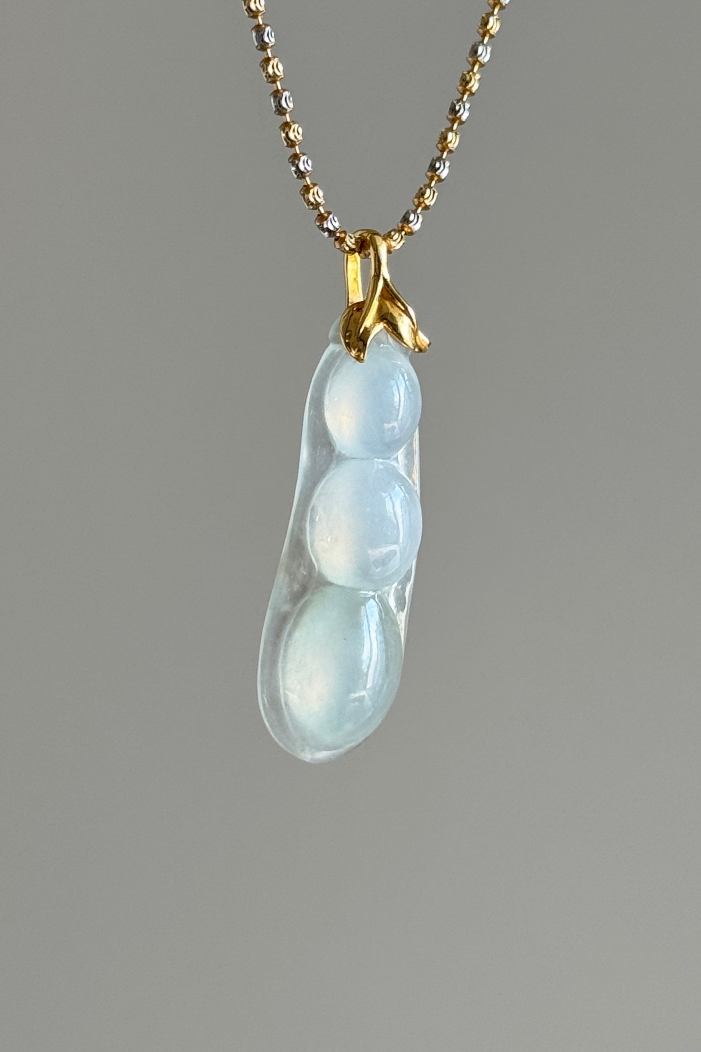 #P0489 "Fortune Bean" Highly Icy White with Light Green Tone Jadeite Jade 18K Yellow Gold Pendant
