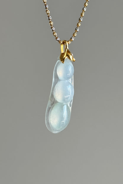 #P0489 "Fortune Bean" Highly Icy White with Light Green Tone Jadeite Jade 18K Yellow Gold Pendant