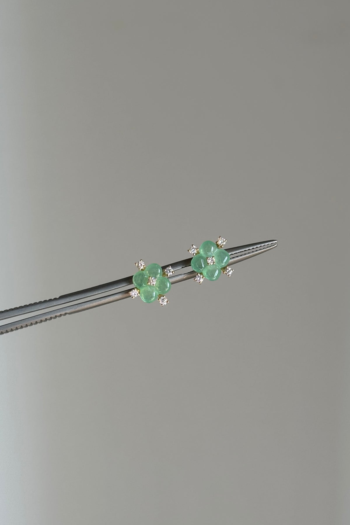 #E0306 "Blossom" Icy Green Jadeite Jade Diamonds 18K Yellow Gold Earrings