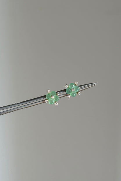 #E0306 "Blossom" Icy Green Jadeite Jade Diamonds 18K Yellow Gold Earrings