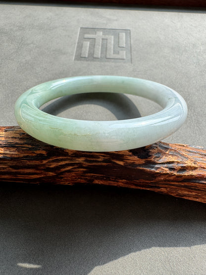 #0381 Icy Lotus Green White Jade Bangle Size 54.7 (fits up to 56.7)