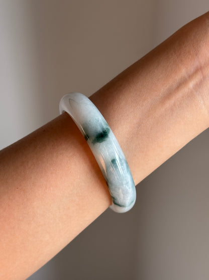 #0456 Icy Bluish Green Flower Jade Bangle Size 57.8
