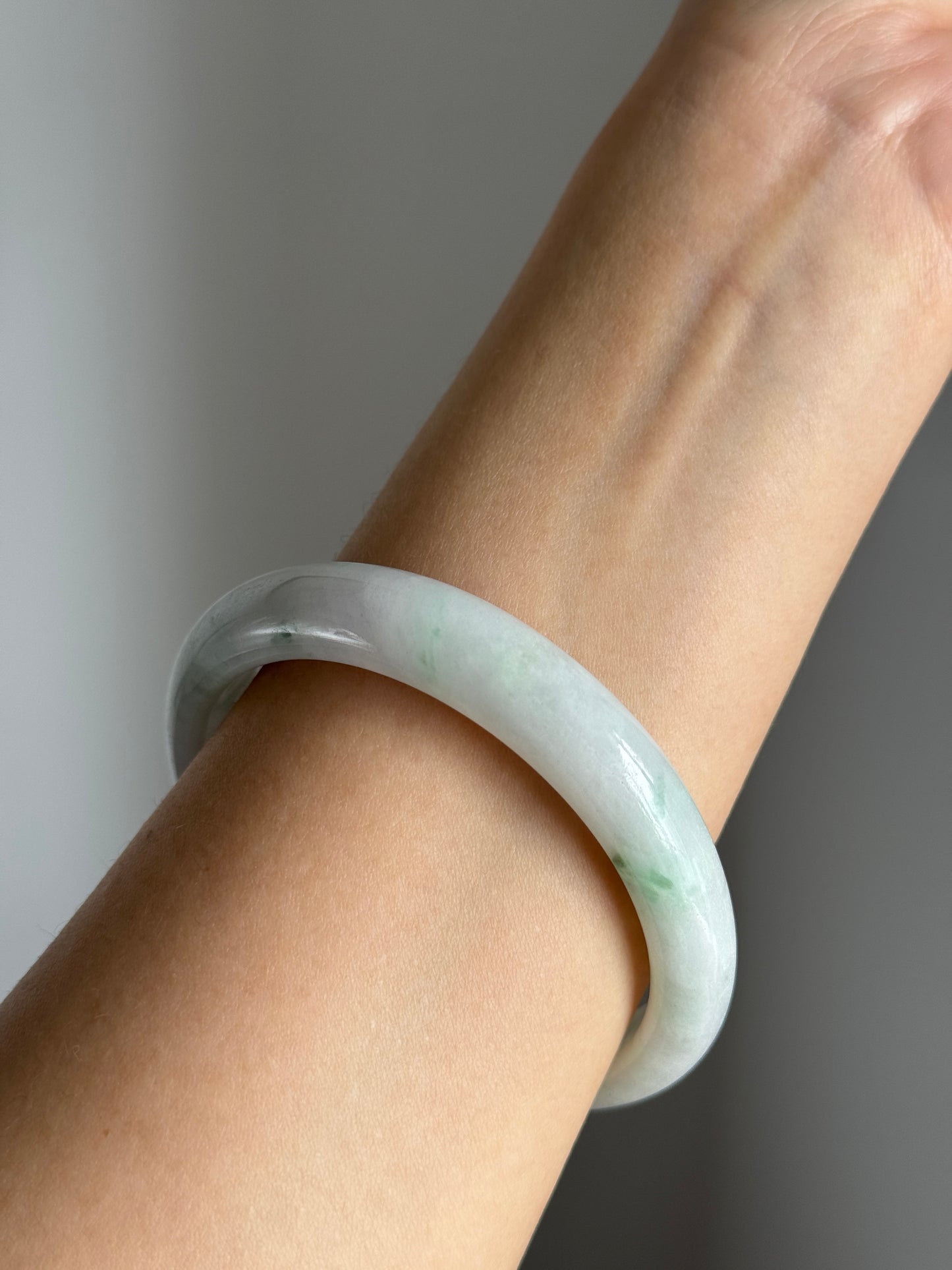 #0366 Light Green Flower White Jade Bangle Size 59.1