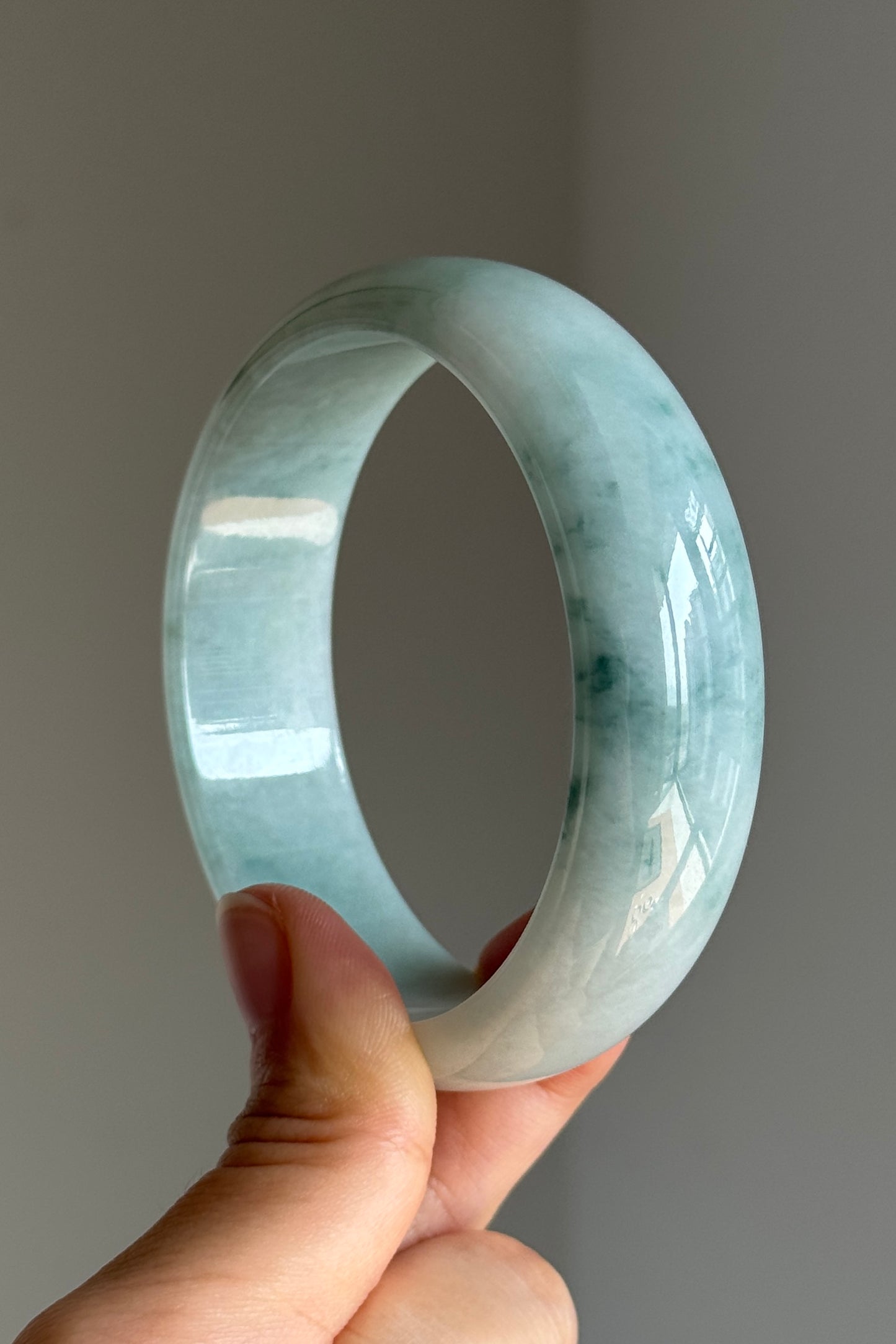 #0384 Icy Bluish Green Flower Wide Jade Bangle Size 61.7