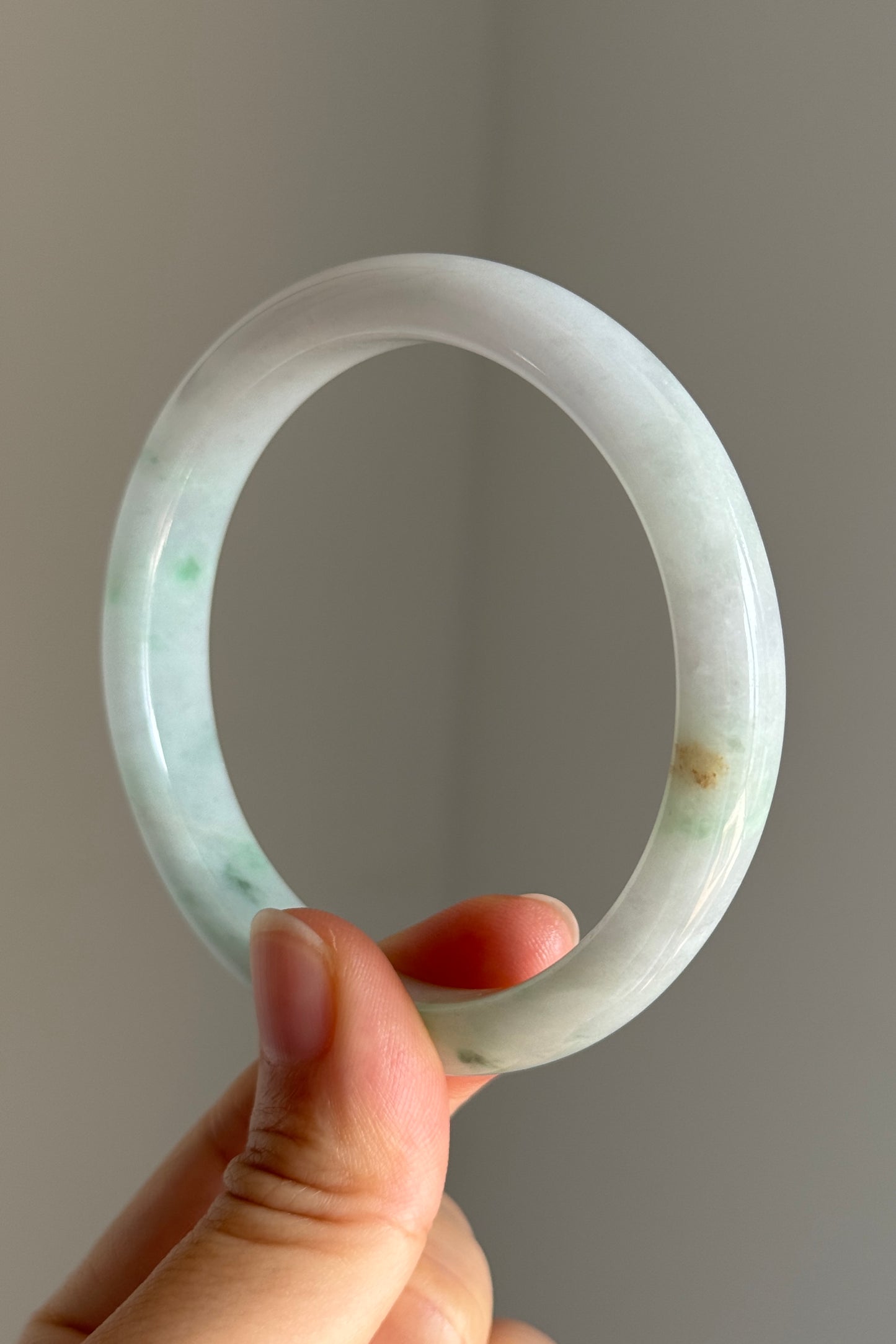 #0394 Green Flower White Jade Bangle Size 58
