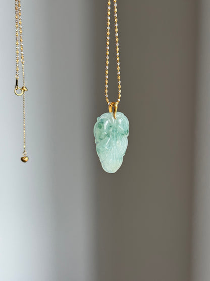 #P0545 "Leaf" Icy Green Flower Jadeite Jade 18K Yellow Gold Pendant