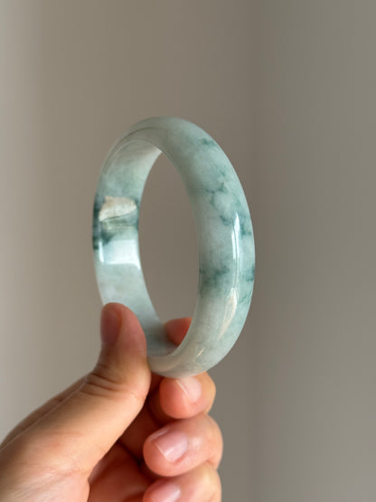 #0421 Icy Bluish Green Flower Jade Bangle Size 60.5