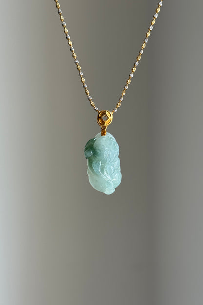 #P0493 "Pixiu" Icy Blue Green Flower Jadeite Jade 18K Yellow Gold Pendant