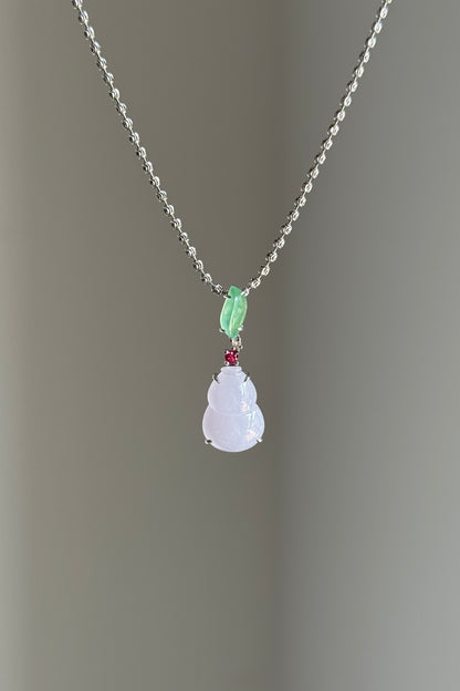 #P0537 "Hulu/Gourd" Icy Pink Lavender & Sun Green Jadeite Jade 18K White Gold Pendant