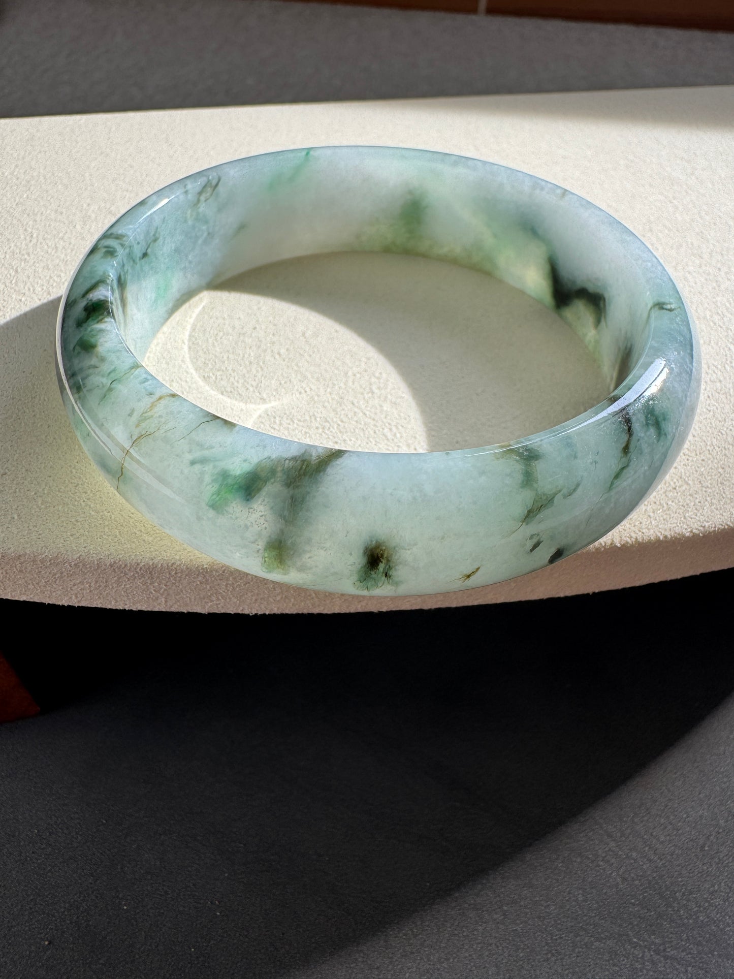 #0277 Green Yellow Black Flower Jade Bangle Size 59.5