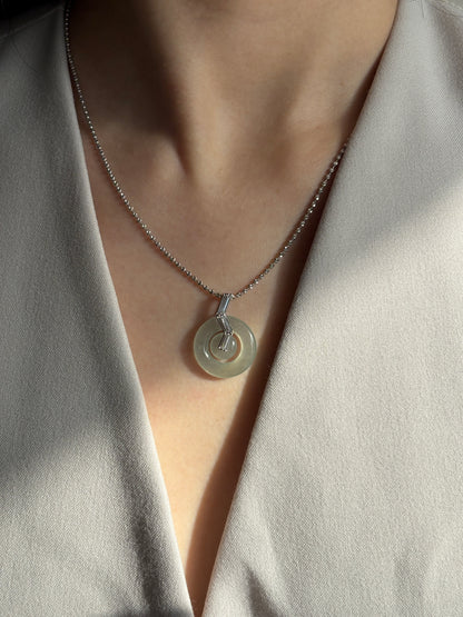 #P0495 "Bi" Highly Icy Light Green Jadeite Jade Donut 18K White Gold Pendant