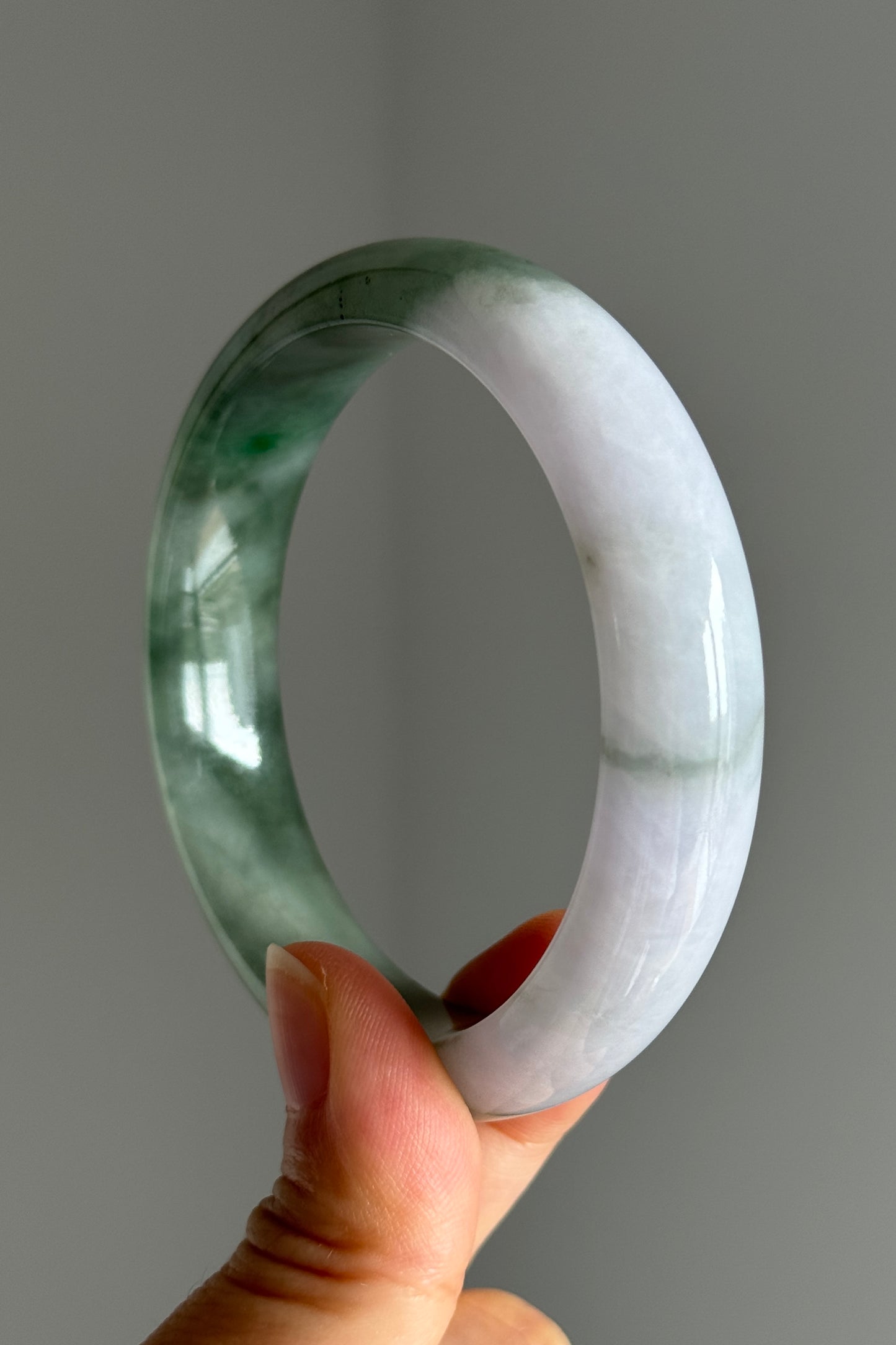 #0397 Icy Sun Green Flower Olive Green Light Lavender White Jade Bangle Size 57.6