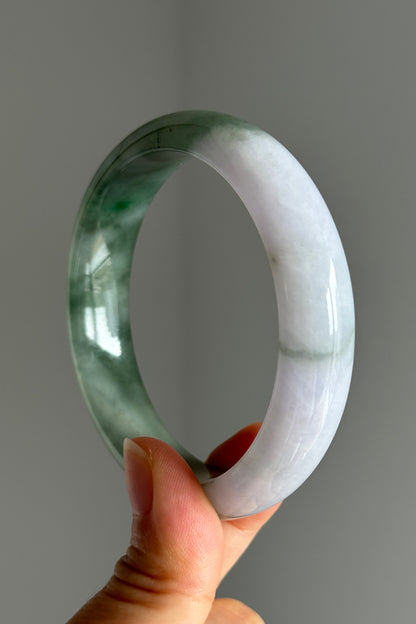 #0397 Icy Sun Green Flower Olive Green Light Lavender White Jade Bangle Size 57.6