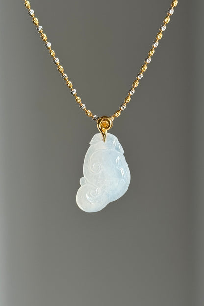 #P0500 "Ruyi / As Your Wish" Icy White Jadeite Jade 18K Yellow Gold Pendant