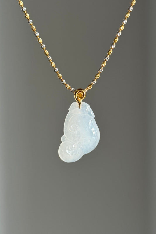 #P0500 "Ruyi / As Your Wish" Icy White Jadeite Jade 18K Yellow Gold Pendant