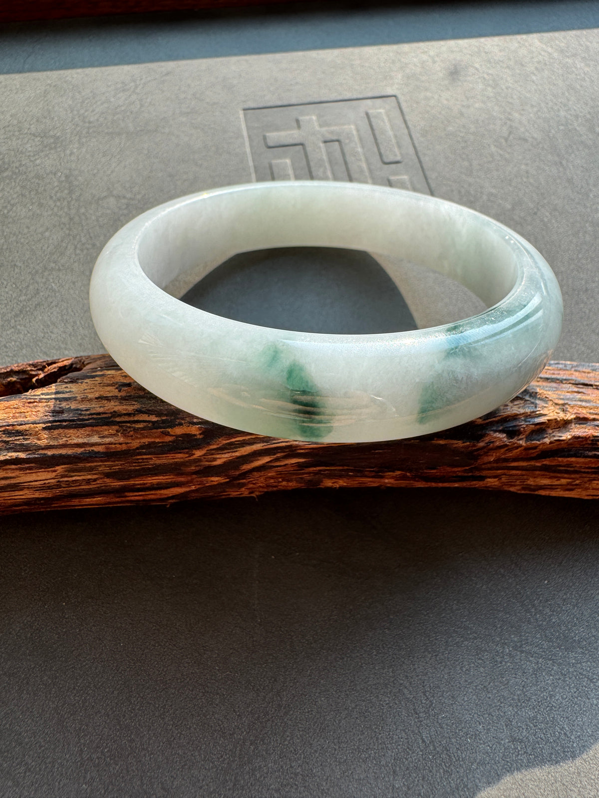 #0456 Icy Bluish Green Flower Jade Bangle Size 57.8