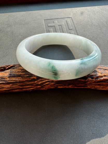 #0456 Icy Bluish Green Flower Jade Bangle Size 57.8