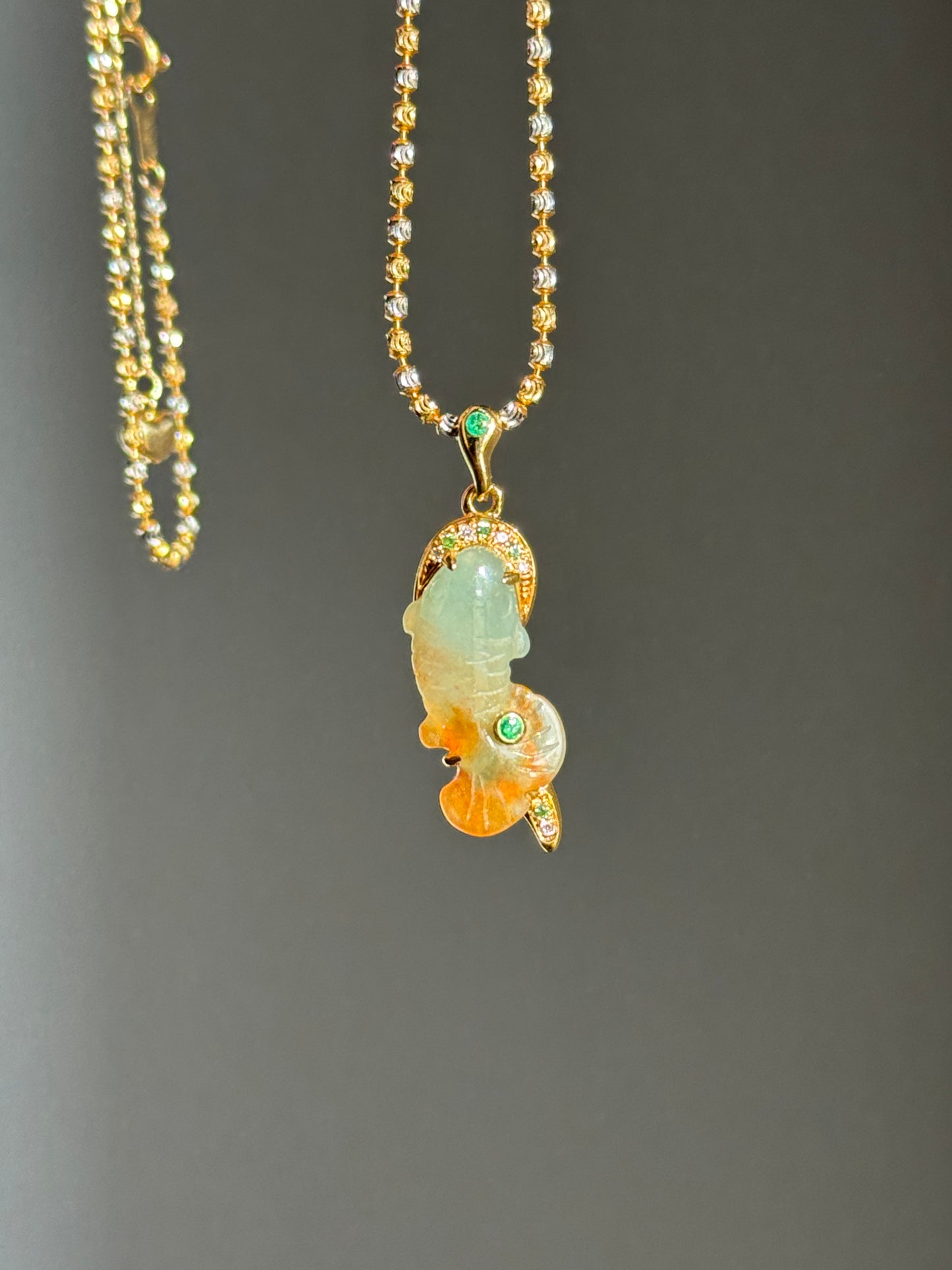 #P0562 "Goldfish" Icy Orange Red Jadeite Green Jade 18K Yellow Gold Pendant