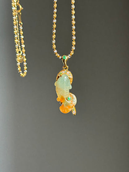 #P0562 "Goldfish" Icy Orange Red Jadeite Green Jade 18K Yellow Gold Pendant