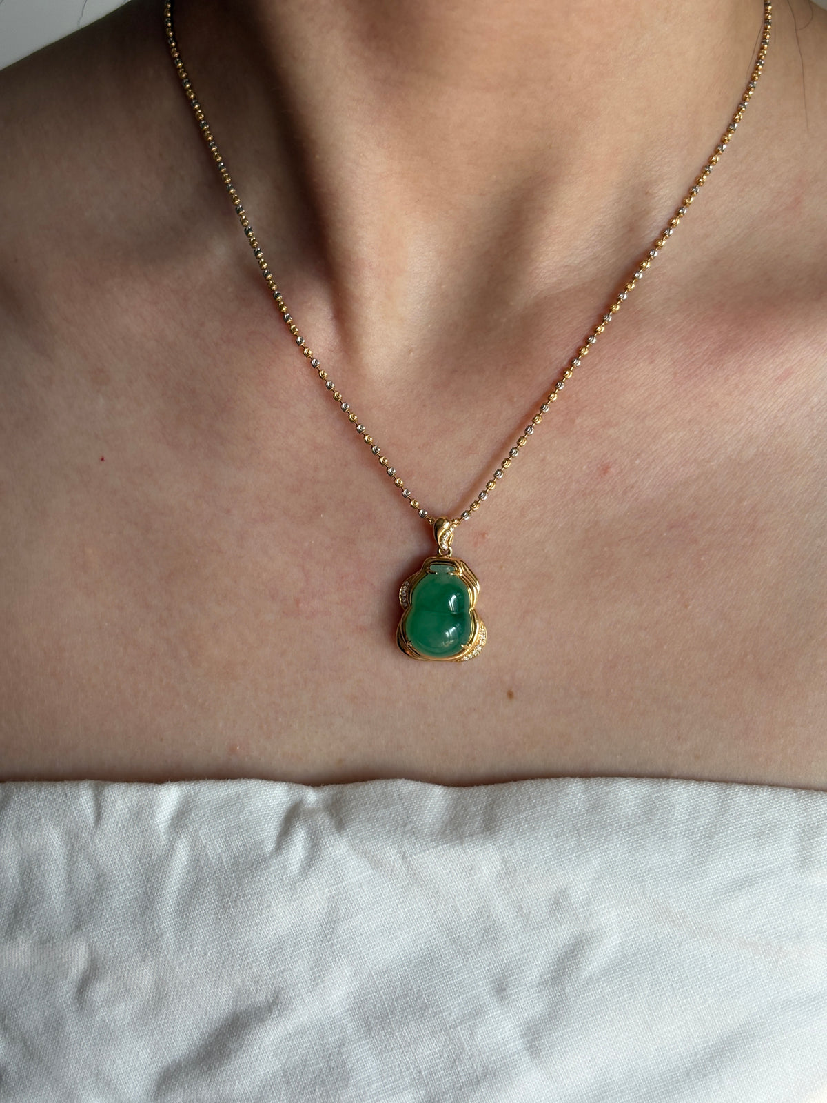 #P0568 "Hulu/Gourd" Icy Imperial Sun Green Jadeite Jade 18K Yellow Gold Pendant