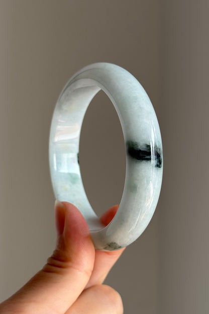 #0402 White Green Ink Flower Jade Bangle Size 56.5