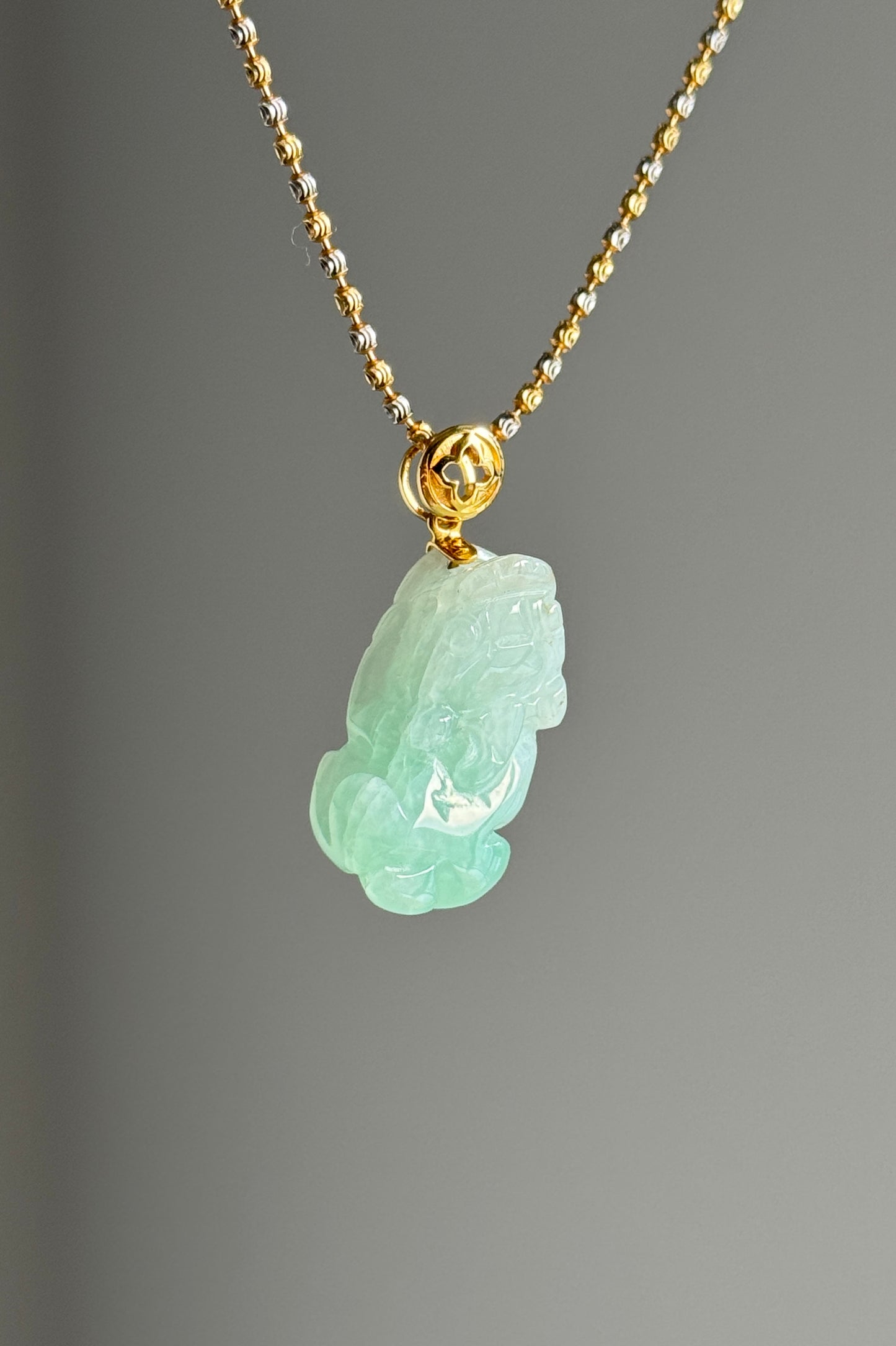 #P0504 "Pixiu" Icy Apple Green Jadeite Jade 18K Yellow Gold Pendant