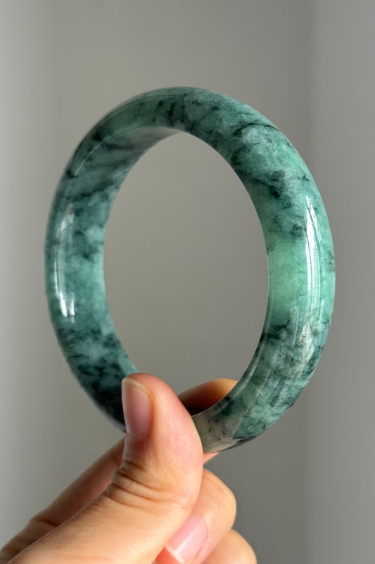 #0369 Rich Forest Green Ink Flower Jade Bangle Size 62.5