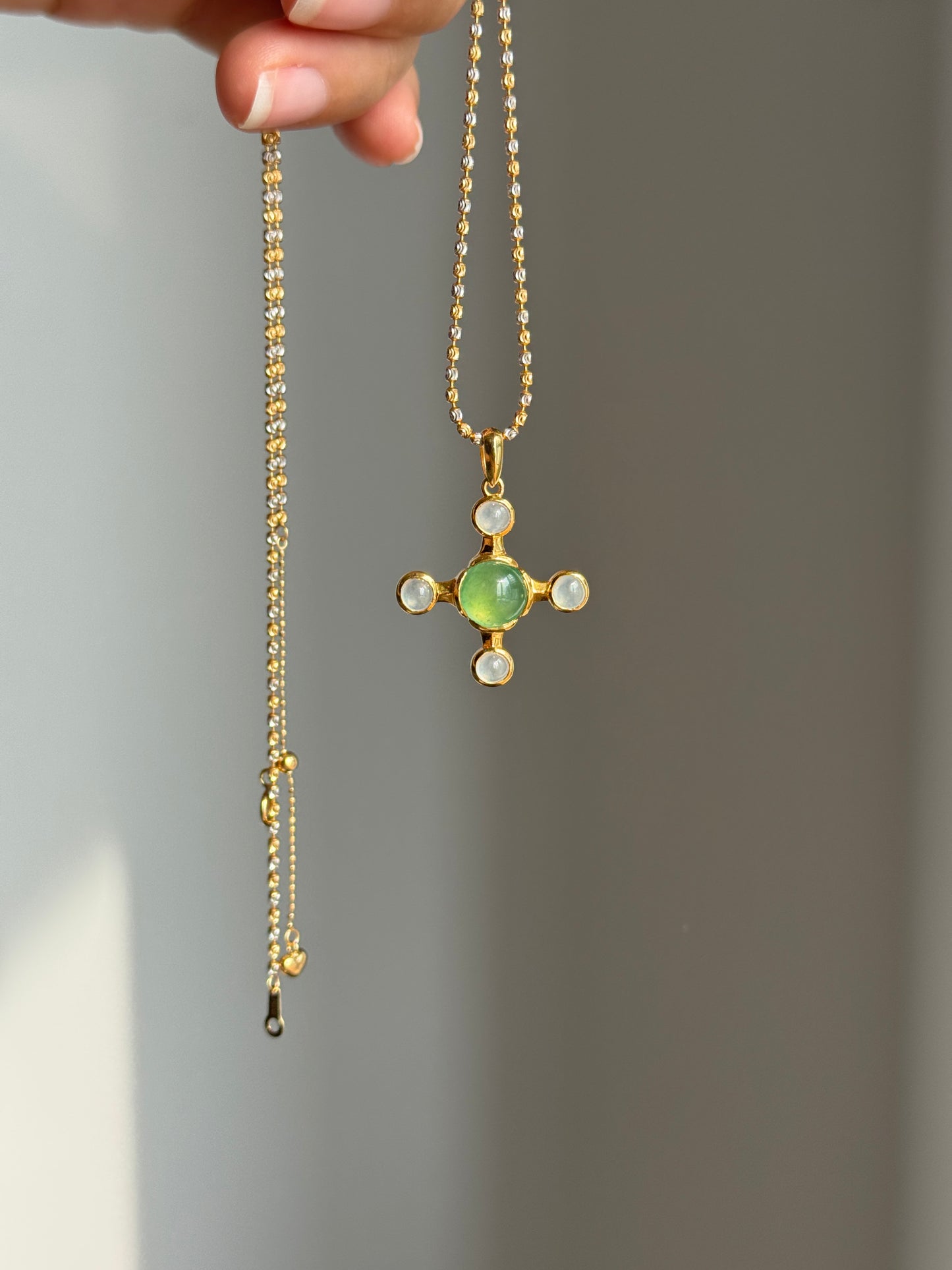#P0551 "Blossom Cross" Highly Icy Sun Green & White Cabochon Jadeite Jade 18K Yellow Gold Pendant