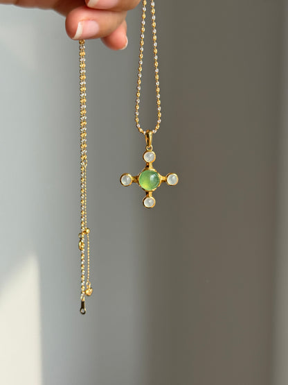 #P0551 "Blossom Cross" Highly Icy Sun Green & White Cabochon Jadeite Jade 18K Yellow Gold Pendant